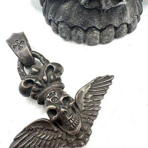 Gaboratory Pendant, Winged Skull Crown with Raised Atelier Mark .925 Sterling
